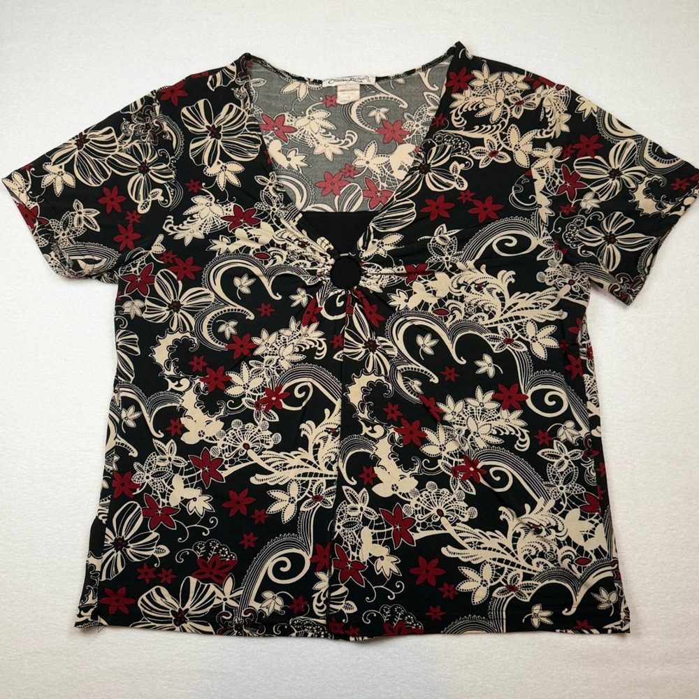 Claudia Richard Womens 1X Floral Paisley V-Neck O-Ring Short Sleeve Top Black